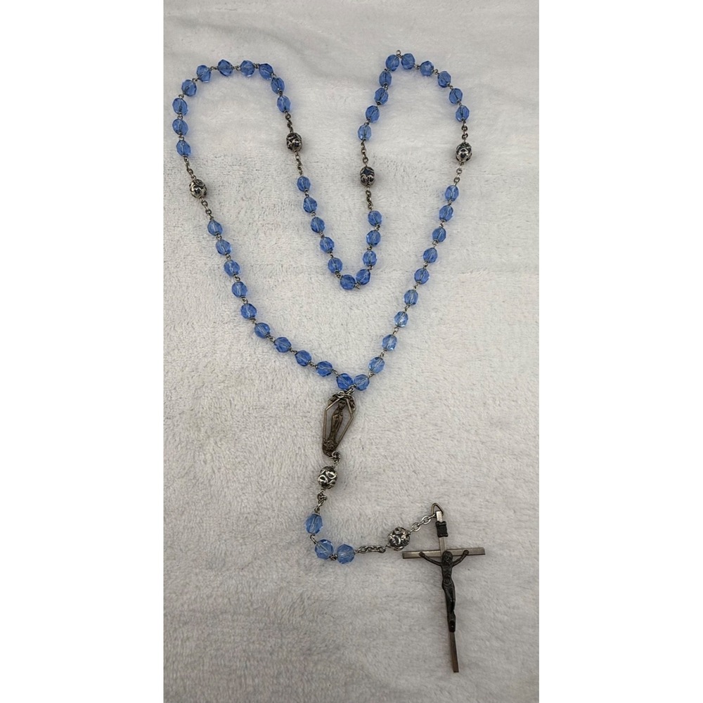 Vintage Estate Rosary Blue Glass Beaded Filigree Crucifix 32"